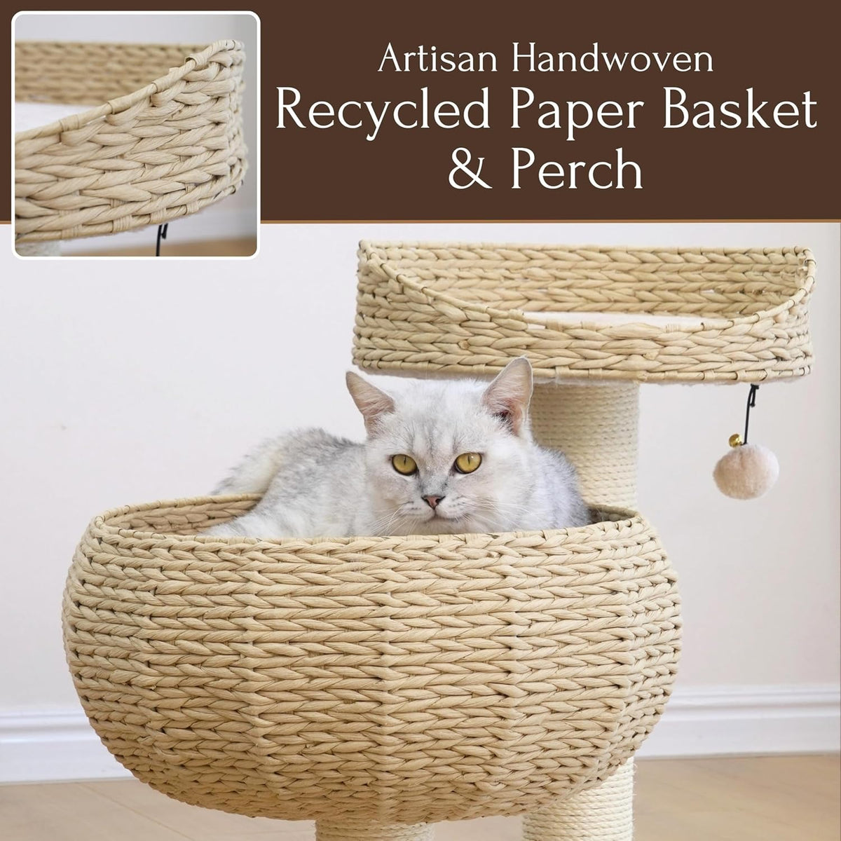 Contemporary Compact Cat Tree with Dual Beds, Handwoven Paper Rope Basket, Elevated Perch, Sisal Scratching Posts, and Removable Washable Cushions in Beige