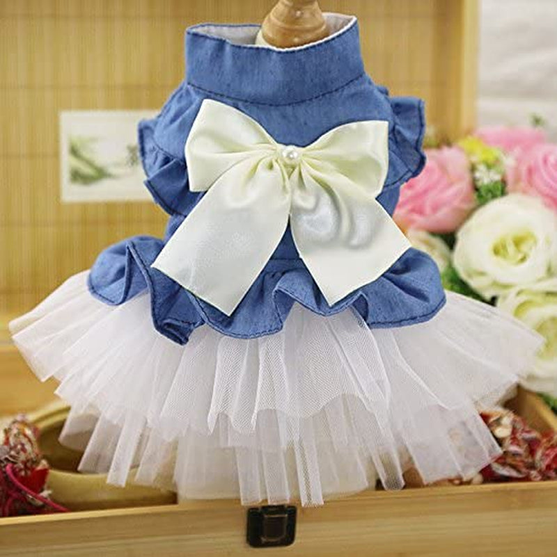 Cowboy-Inspired Dog Dress with Bow and Lace Skirt - Elegant Jumpsuit for Puppies and Kittens