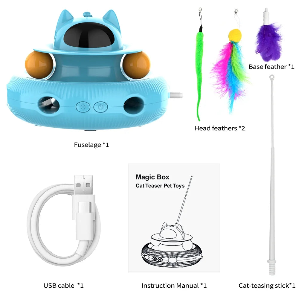 4-in-1 Interactive Indoor Cat Toy with Laser and Retractable Feather Wand, USB Rechargeable, Blue