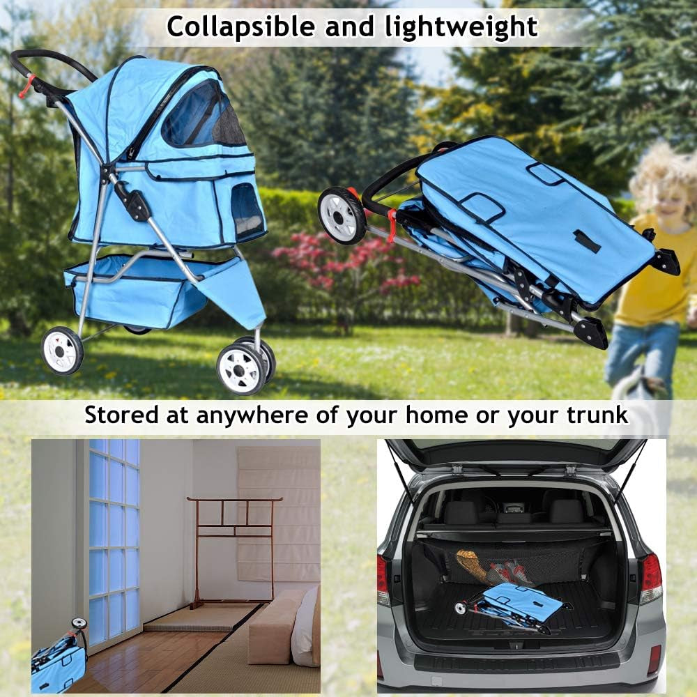 Lightweight 3-Wheel Pet Stroller for Small to Medium Dogs and Cats, Foldable Design with Breathable Mesh, Weather Cover, and Storage Basket for Outdoor Travel (Blue)