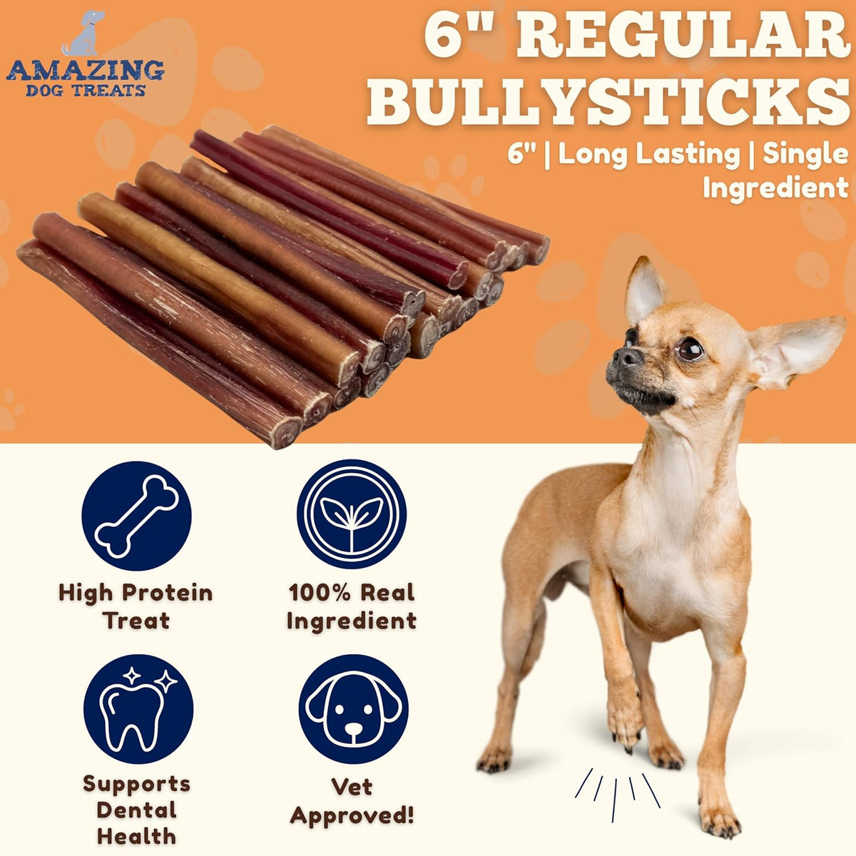 6-Inch Medium Bully Sticks (25 Count) - Bulk Dog Treats - No-Hide Bully Stick Chews