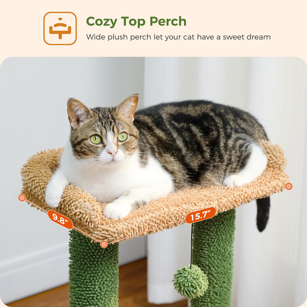 33" Cactus-Themed Cat Tree with Large Top Perch and Hammock for Medium Indoor Cats, Green