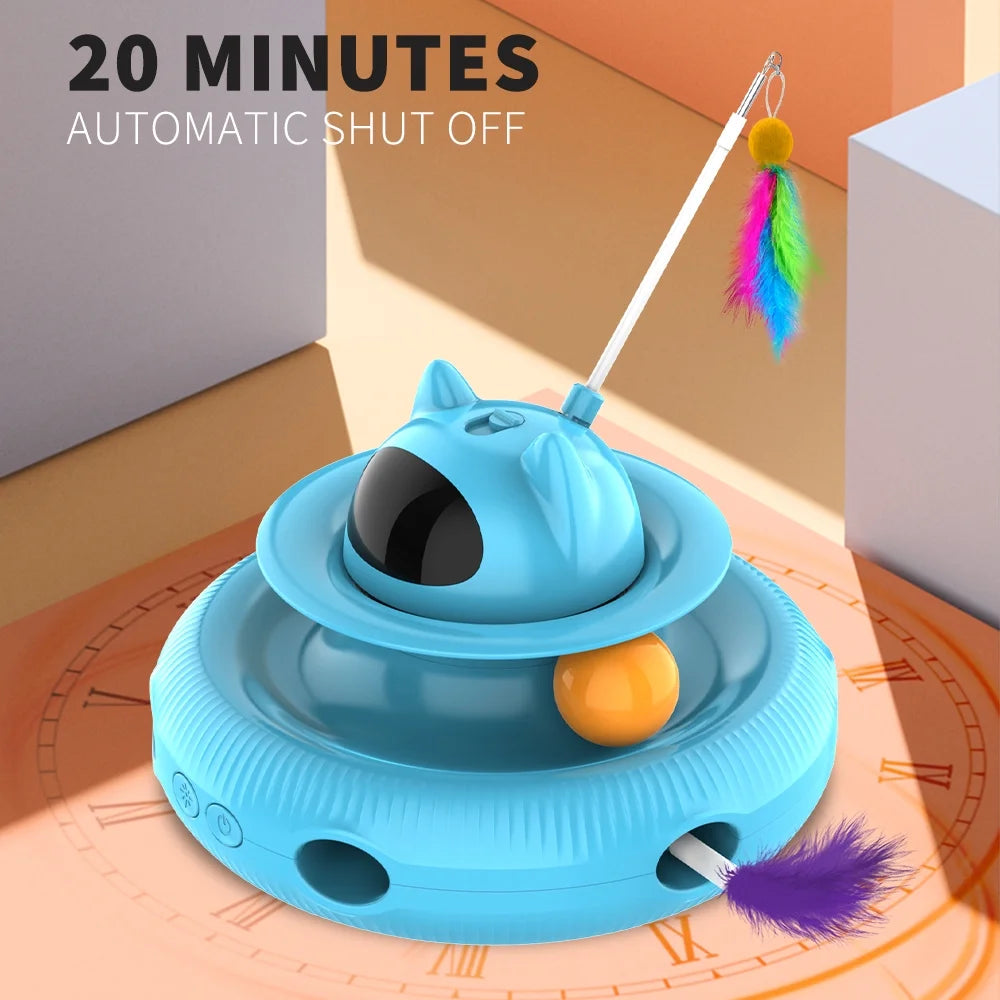4-in-1 Interactive Indoor Cat Toy with Laser and Retractable Feather Wand, USB Rechargeable, Blue