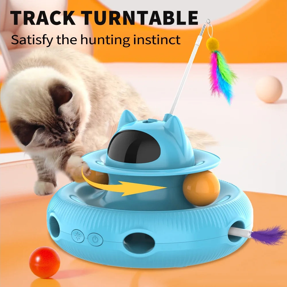 4-in-1 Interactive Indoor Cat Toy with Laser and Retractable Feather Wand, USB Rechargeable, Blue
