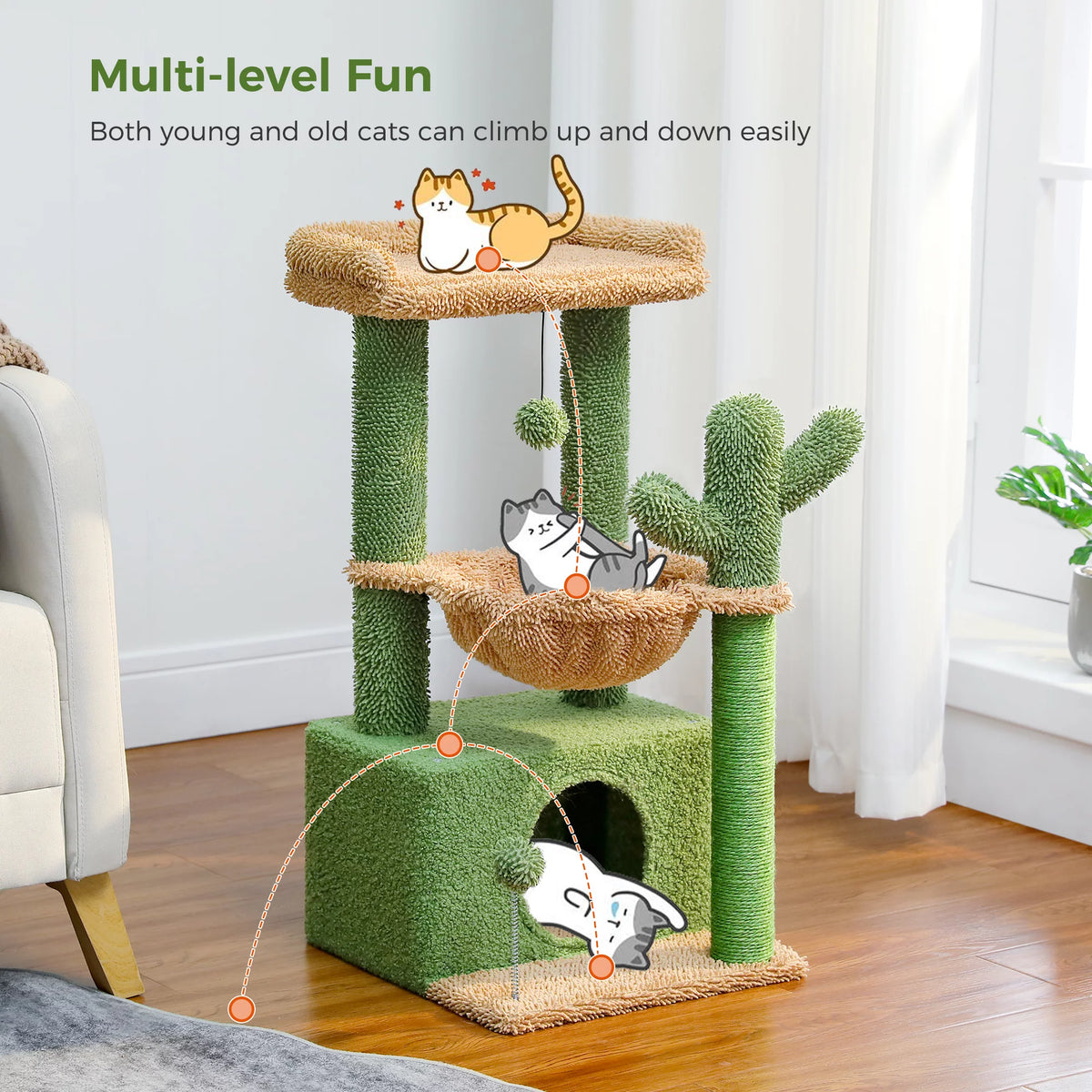 33" Cactus-Themed Cat Tree with Large Top Perch and Hammock for Medium Indoor Cats, Green