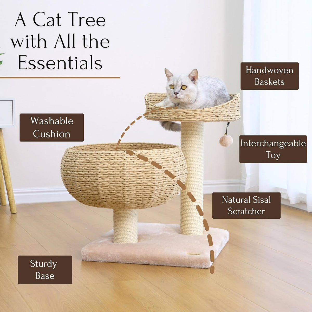 Contemporary Compact Cat Tree with Dual Beds, Handwoven Paper Rope Basket, Elevated Perch, Sisal Scratching Posts, and Removable Washable Cushions in Beige