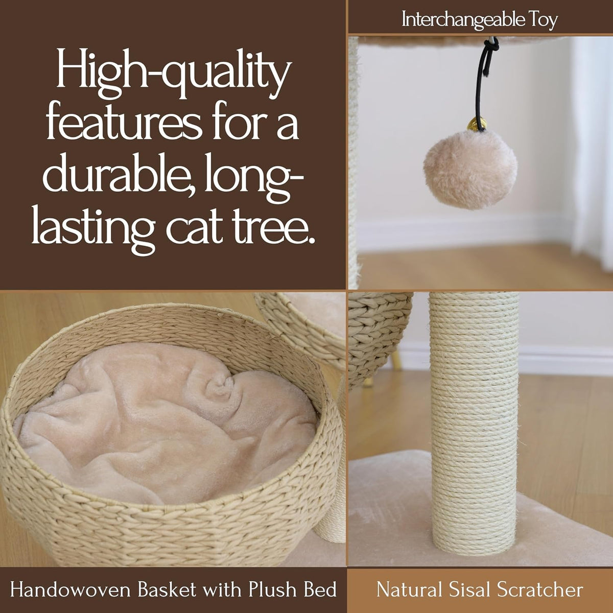 Contemporary Compact Cat Tree with Dual Beds, Handwoven Paper Rope Basket, Elevated Perch, Sisal Scratching Posts, and Removable Washable Cushions in Beige