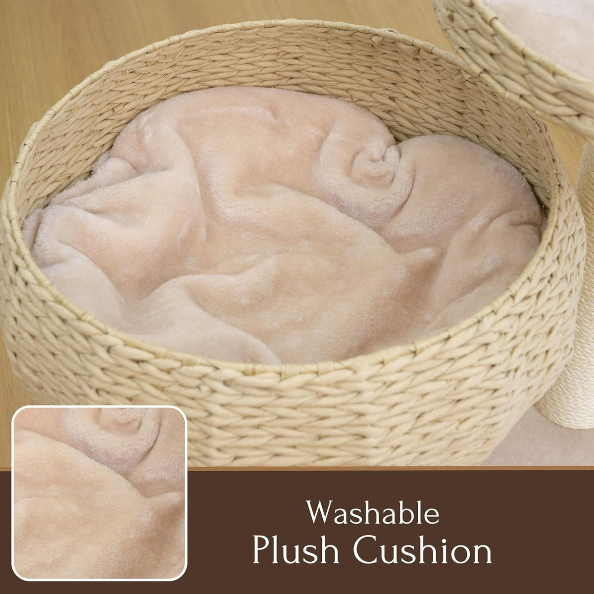 Contemporary Compact Cat Tree with Dual Beds, Handwoven Paper Rope Basket, Elevated Perch, Sisal Scratching Posts, and Removable Washable Cushions in Beige