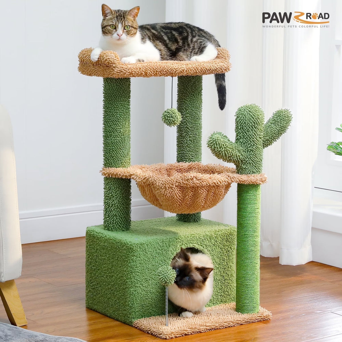 33" Cactus-Themed Cat Tree with Large Top Perch and Hammock for Medium Indoor Cats, Green