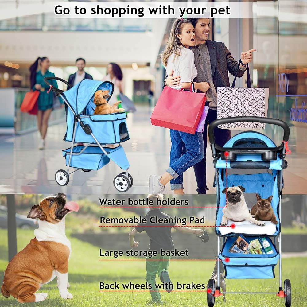 Lightweight 3-Wheel Pet Stroller for Small to Medium Dogs and Cats, Foldable Design with Breathable Mesh, Weather Cover, and Storage Basket for Outdoor Travel (Blue)