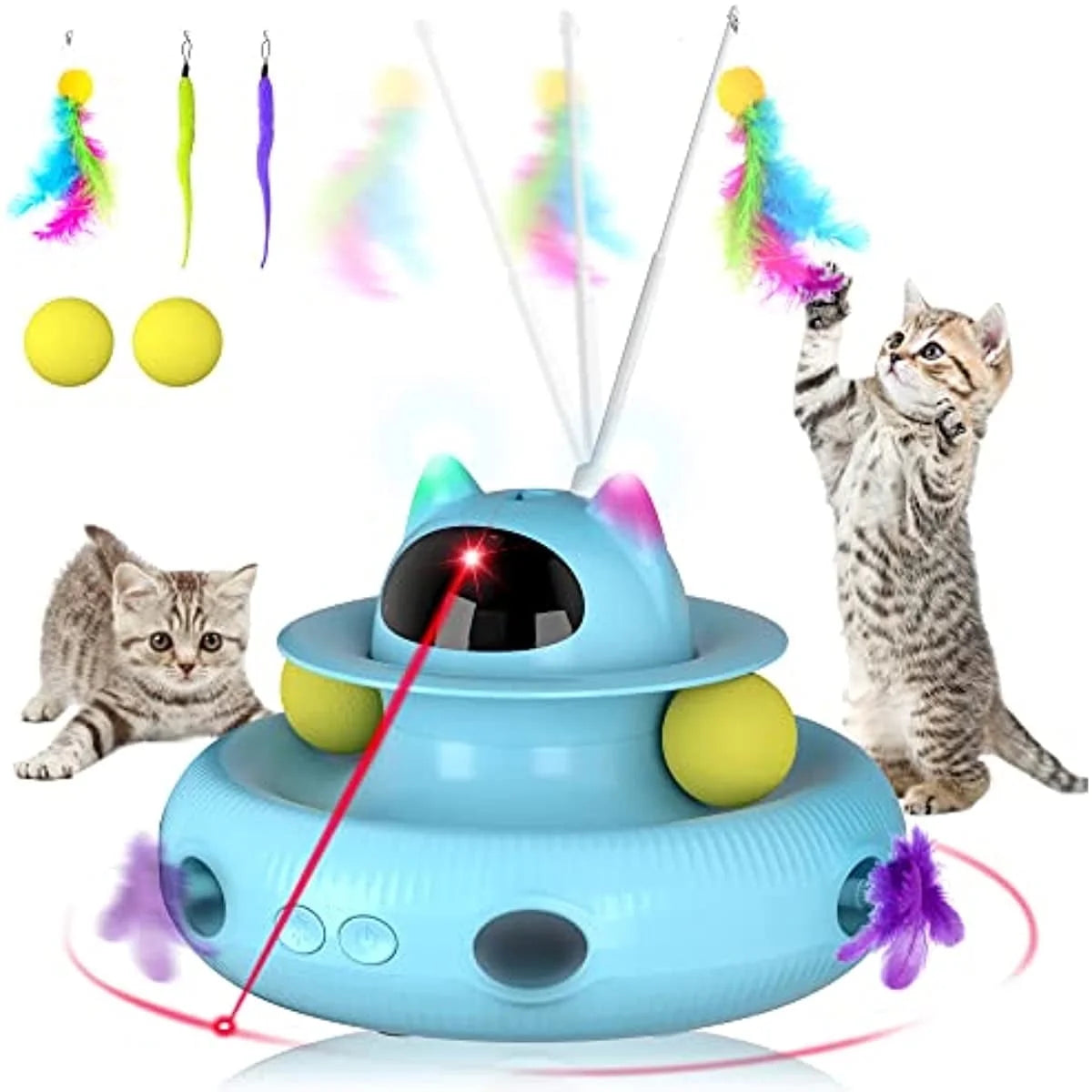 4-in-1 Interactive Indoor Cat Toy with Laser and Retractable Feather Wand, USB Rechargeable, Blue