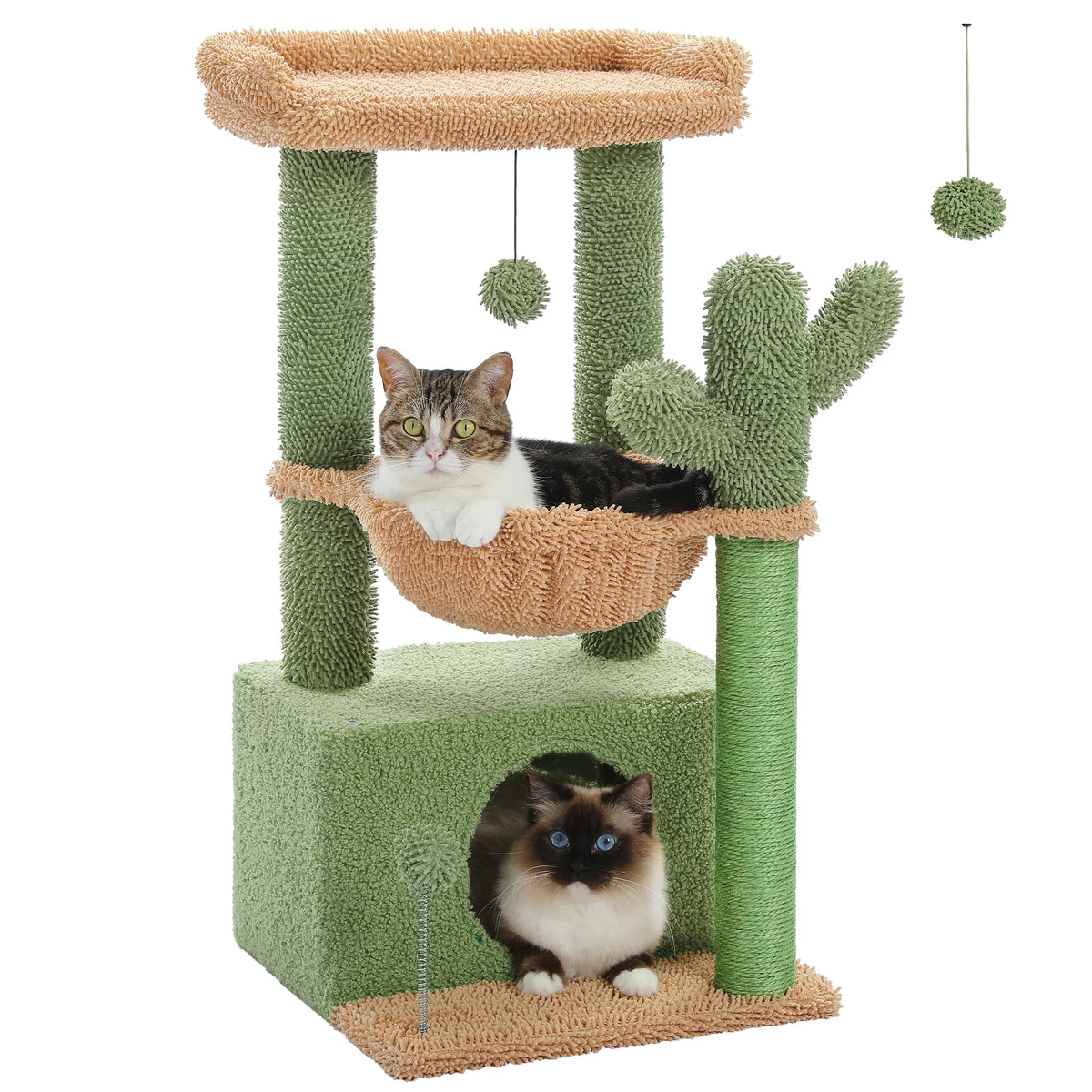 33" Cactus-Themed Cat Tree with Large Top Perch and Hammock for Medium Indoor Cats, Green