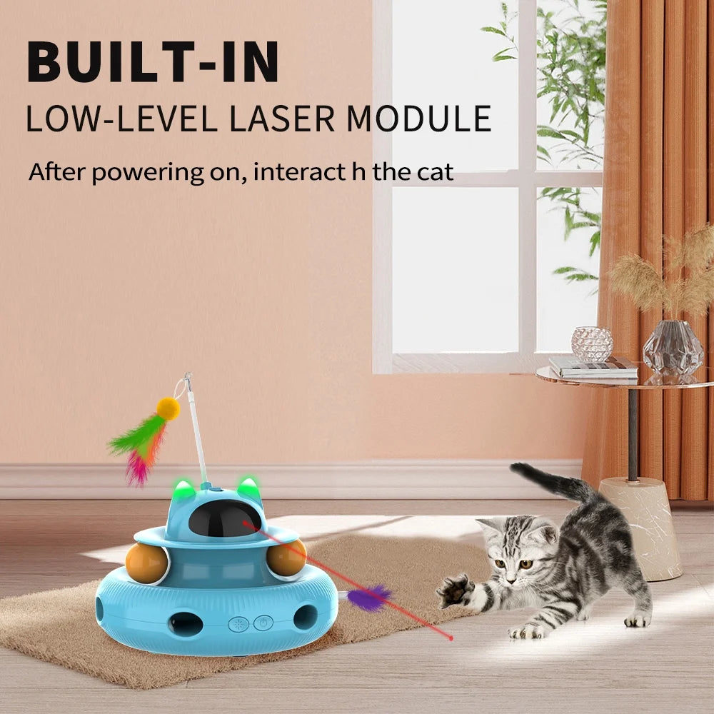 4-in-1 Interactive Indoor Cat Toy with Laser and Retractable Feather Wand, USB Rechargeable, Blue