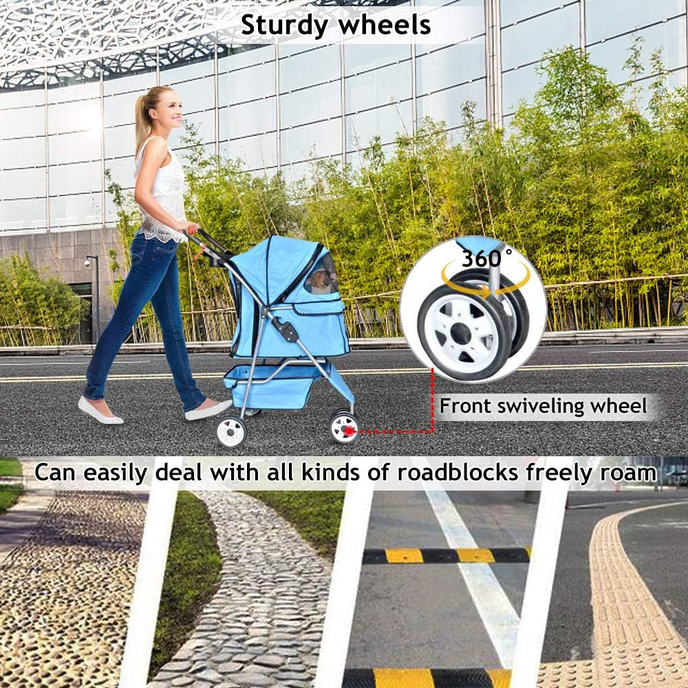 Lightweight 3-Wheel Pet Stroller for Small to Medium Dogs and Cats, Foldable Design with Breathable Mesh, Weather Cover, and Storage Basket for Outdoor Travel (Blue)