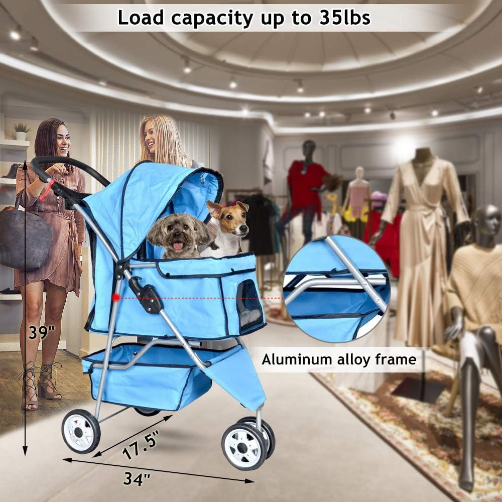 Lightweight 3-Wheel Pet Stroller for Small to Medium Dogs and Cats, Foldable Design with Breathable Mesh, Weather Cover, and Storage Basket for Outdoor Travel (Blue)