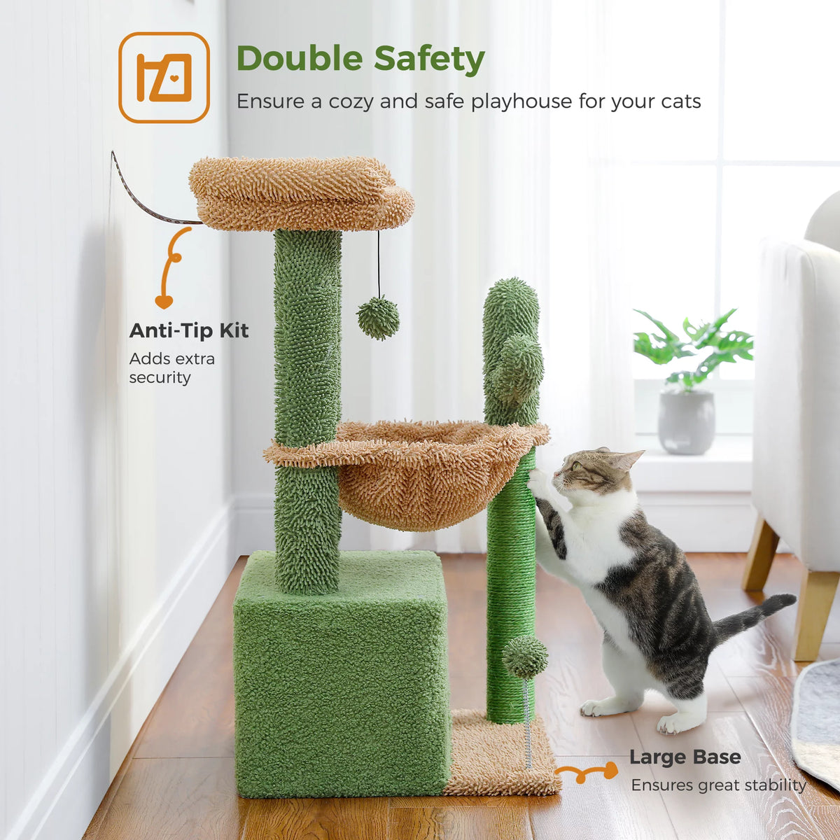 33" Cactus-Themed Cat Tree with Large Top Perch and Hammock for Medium Indoor Cats, Green
