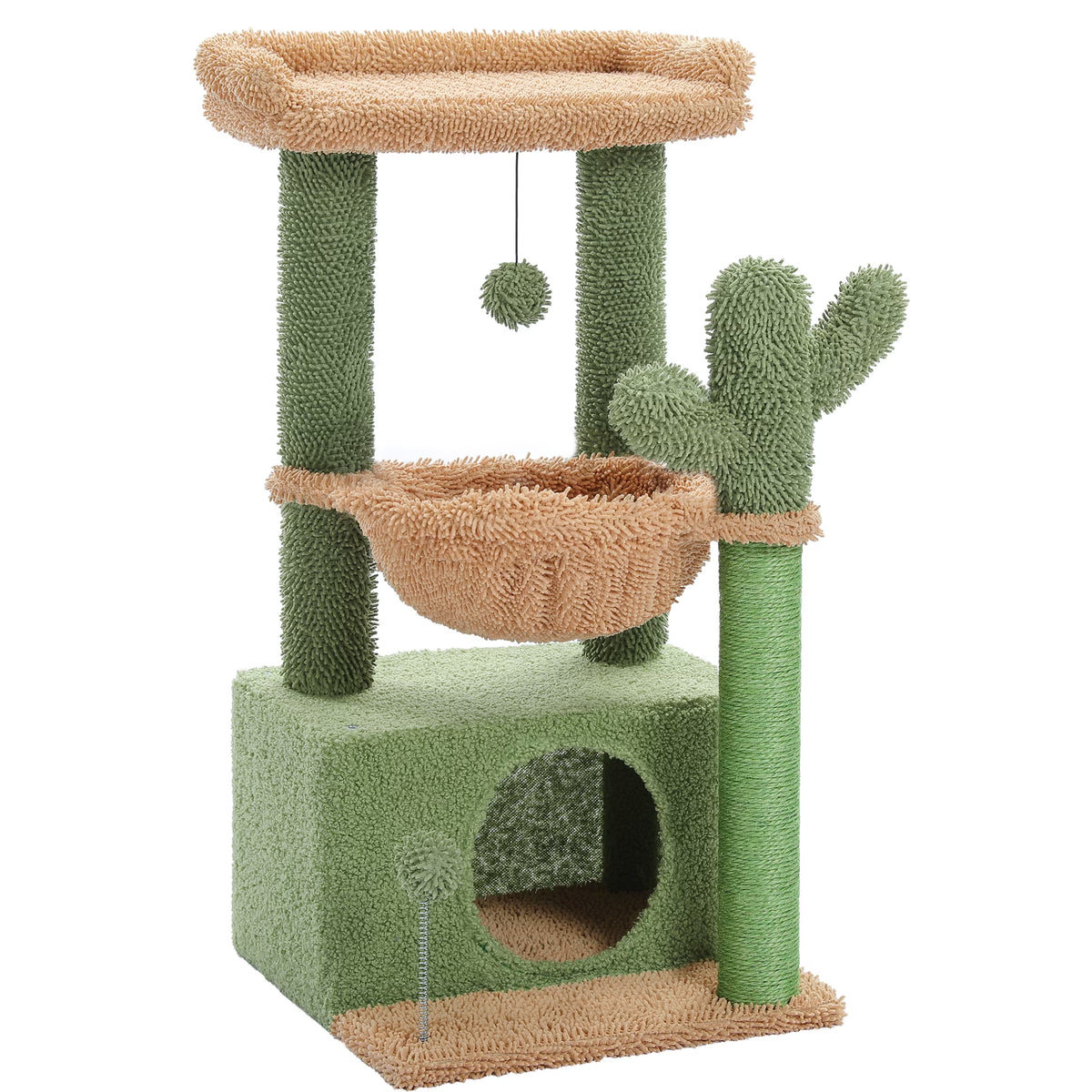 33" Cactus-Themed Cat Tree with Large Top Perch and Hammock for Medium Indoor Cats, Green