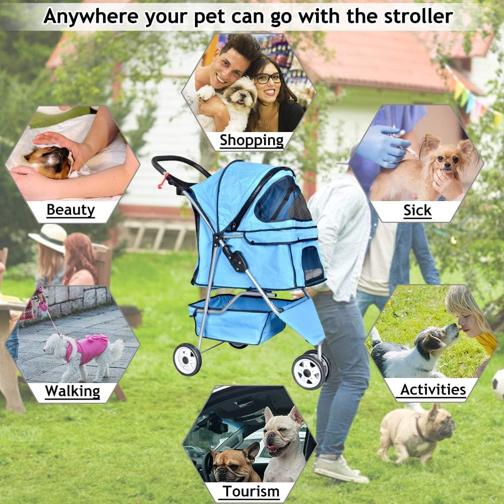 Lightweight 3-Wheel Pet Stroller for Small to Medium Dogs and Cats, Foldable Design with Breathable Mesh, Weather Cover, and Storage Basket for Outdoor Travel (Blue)