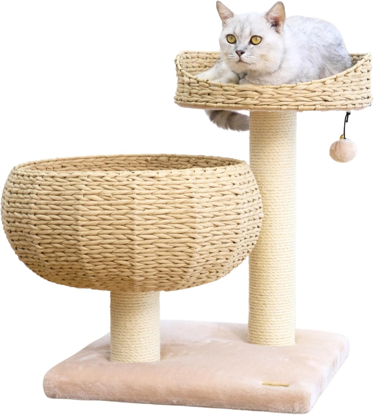 Contemporary Compact Cat Tree with Dual Beds, Handwoven Paper Rope Basket, Elevated Perch, Sisal Scratching Posts, and Removable Washable Cushions in Beige
