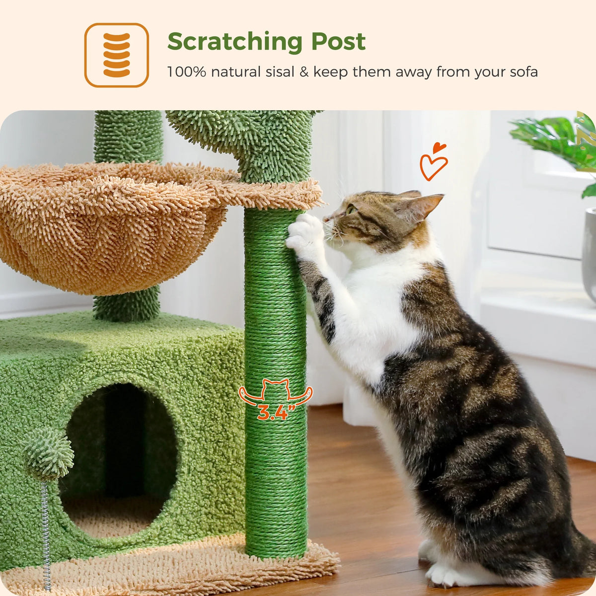 33" Cactus-Themed Cat Tree with Large Top Perch and Hammock for Medium Indoor Cats, Green