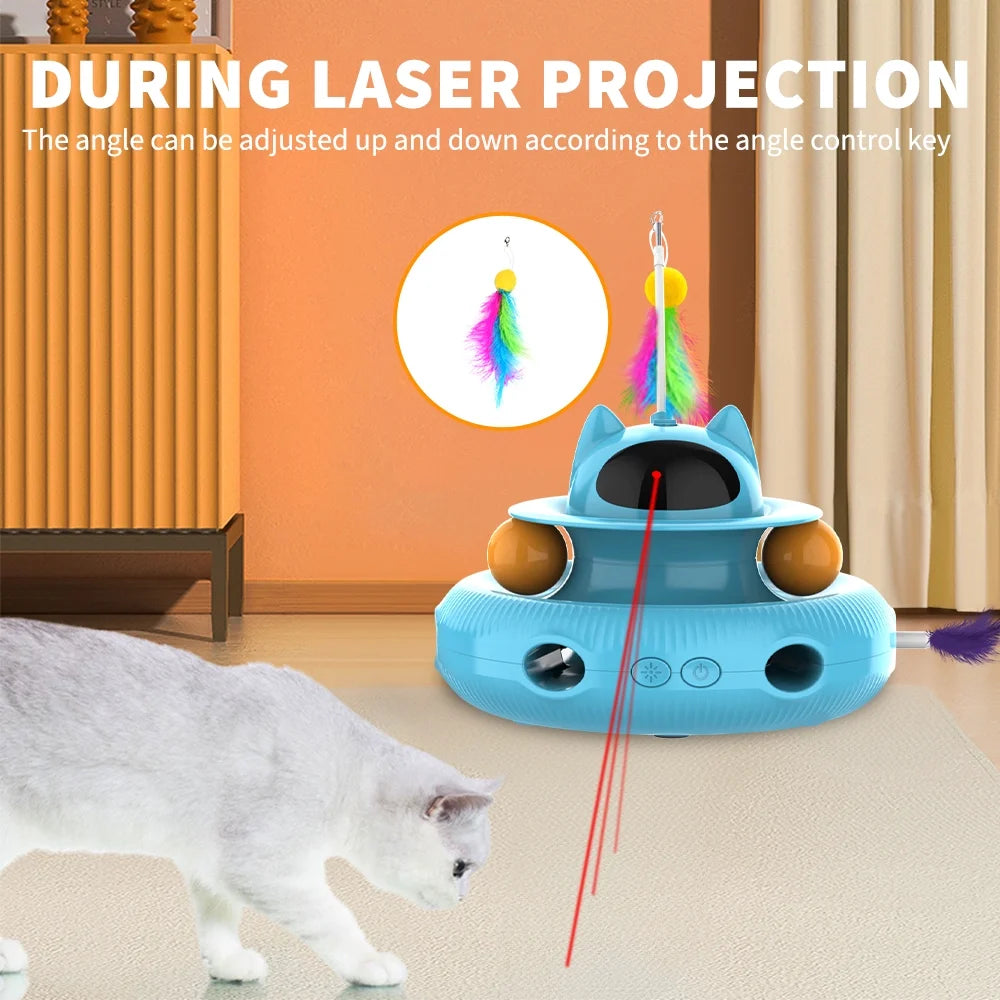 4-in-1 Interactive Indoor Cat Toy with Laser and Retractable Feather Wand, USB Rechargeable, Blue