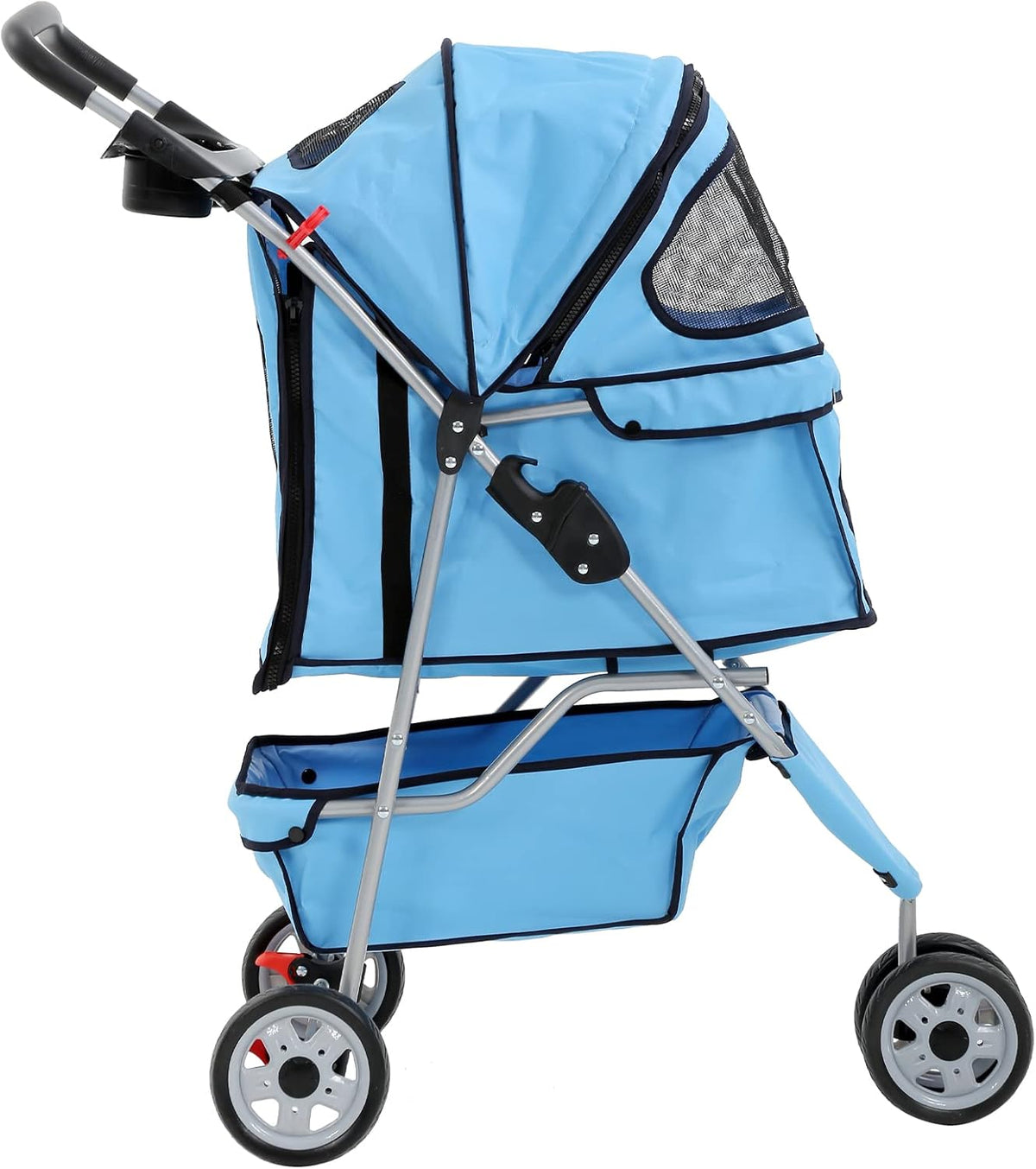 Lightweight 3-Wheel Pet Stroller for Small to Medium Dogs and Cats, Foldable Design with Breathable Mesh, Weather Cover, and Storage Basket for Outdoor Travel (Blue)