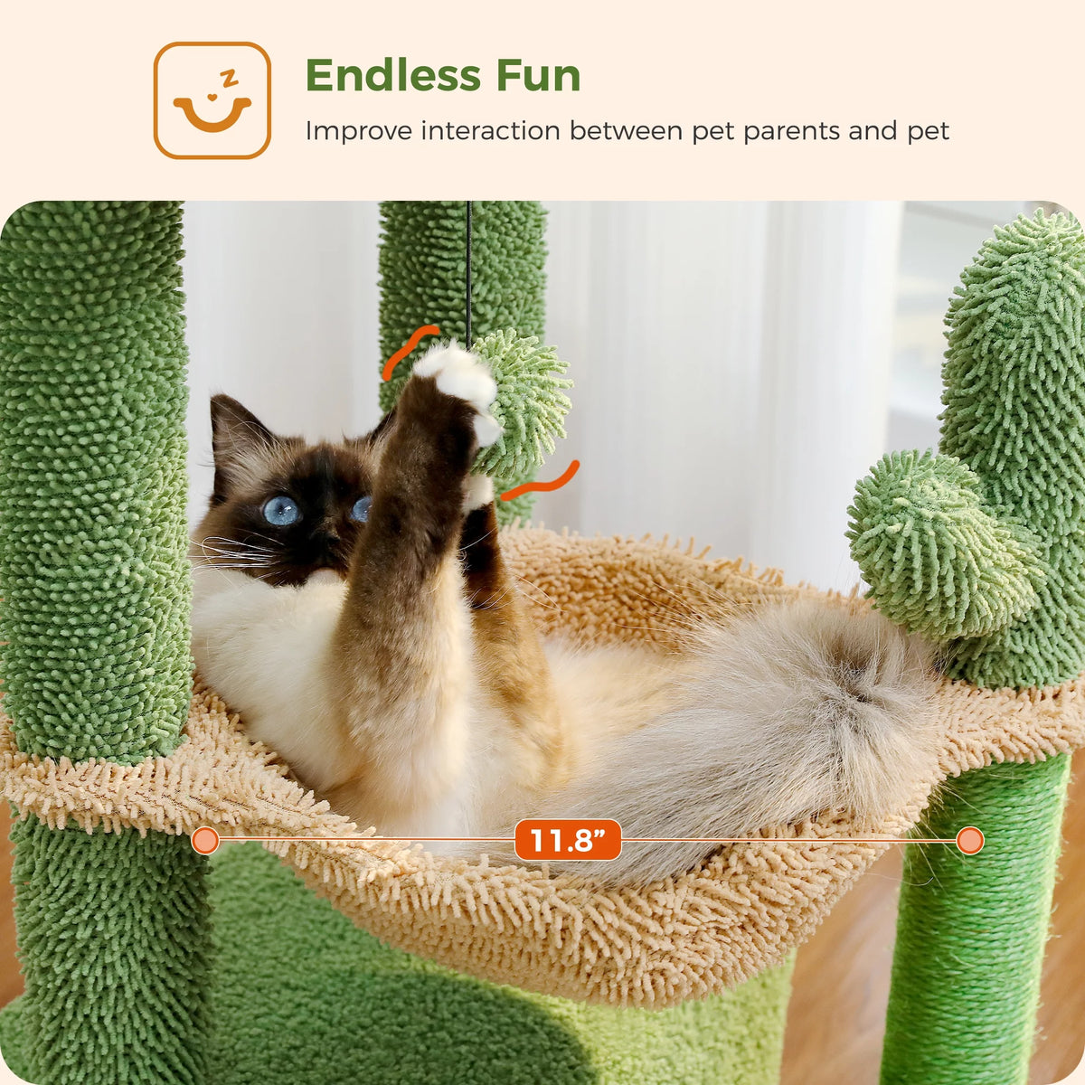 33" Cactus-Themed Cat Tree with Large Top Perch and Hammock for Medium Indoor Cats, Green