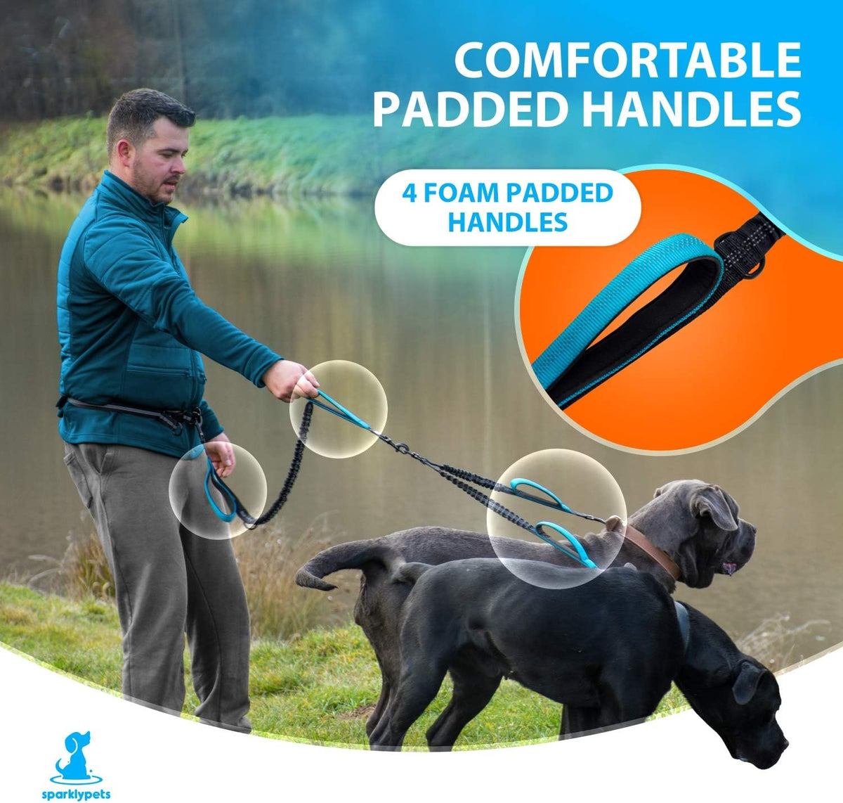 Dual Dog Leash for Medium and Large Breeds, Hands-Free Design (Blue)