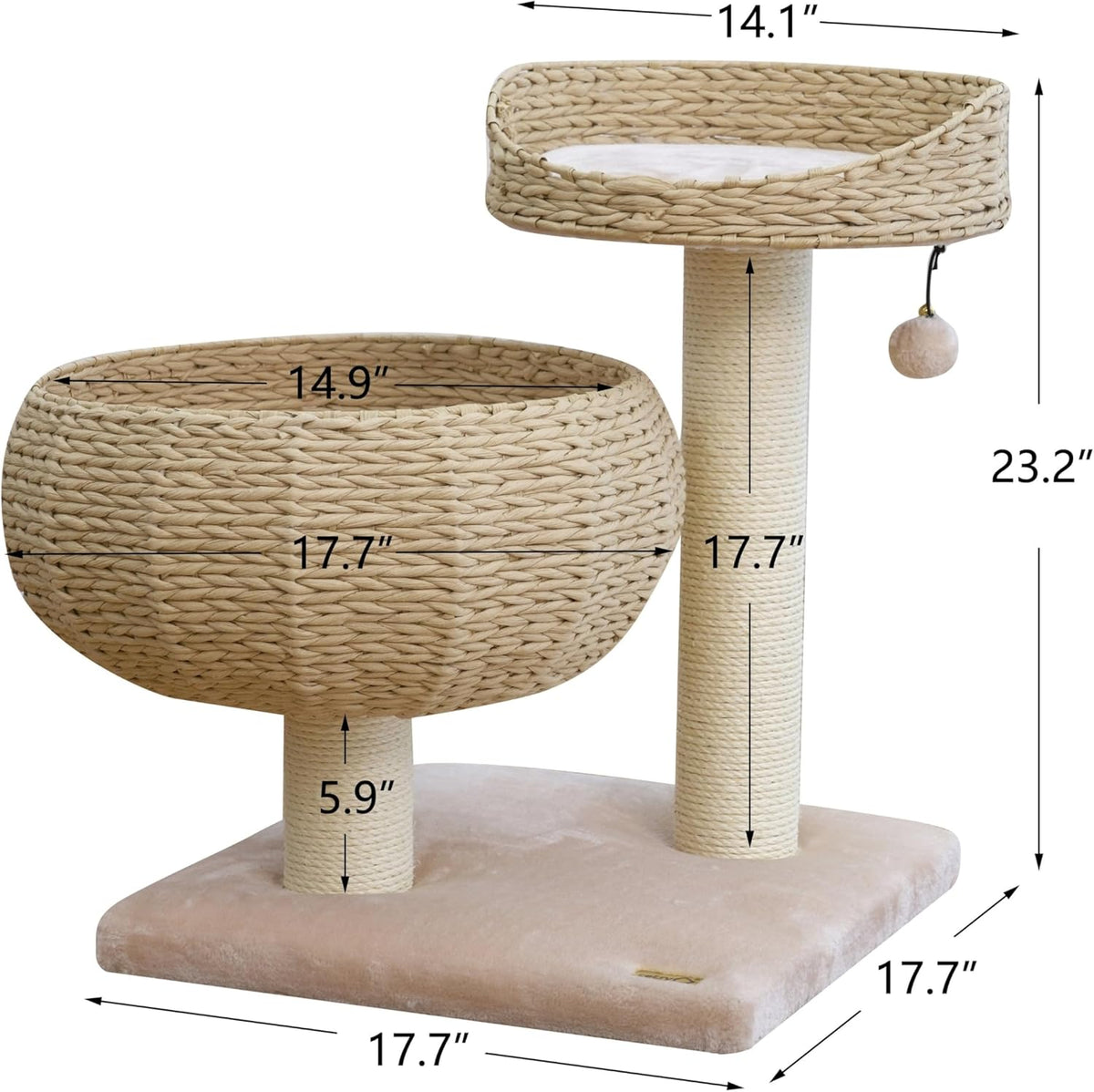 Contemporary Compact Cat Tree with Dual Beds, Handwoven Paper Rope Basket, Elevated Perch, Sisal Scratching Posts, and Removable Washable Cushions in Beige
