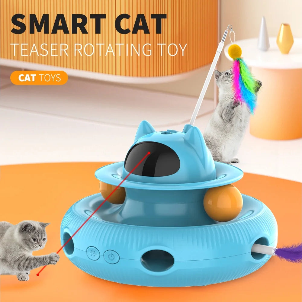 4-in-1 Interactive Indoor Cat Toy with Laser and Retractable Feather Wand, USB Rechargeable, Blue