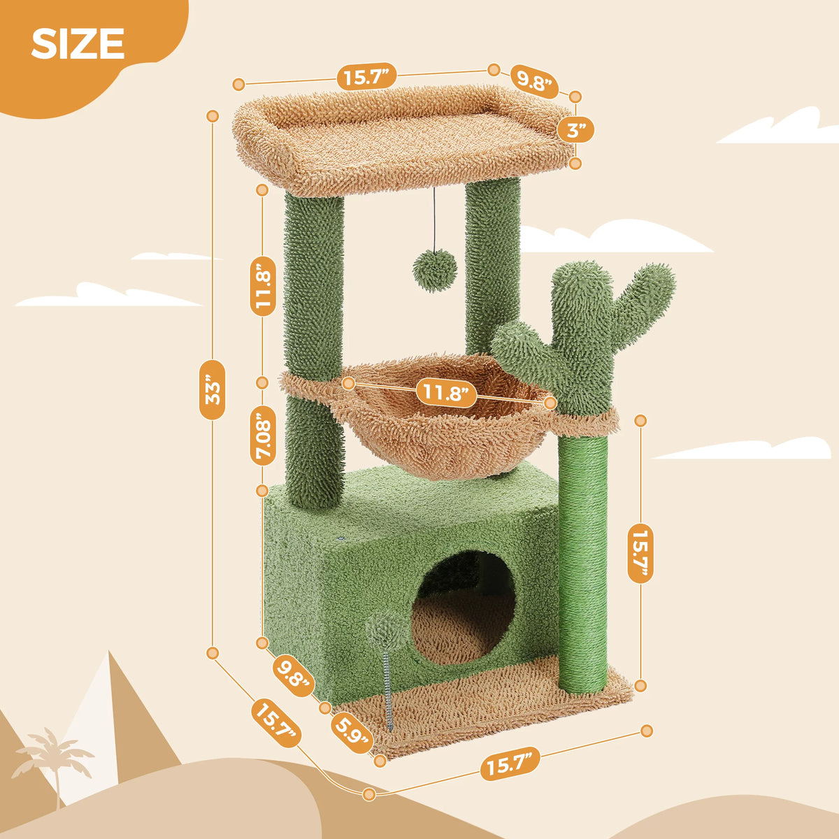 33" Cactus-Themed Cat Tree with Large Top Perch and Hammock for Medium Indoor Cats, Green