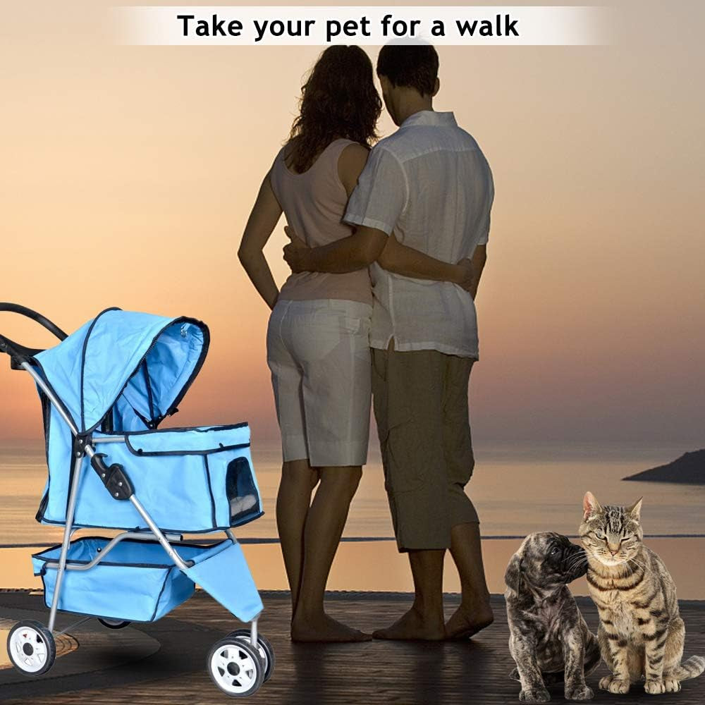 Lightweight 3-Wheel Pet Stroller for Small to Medium Dogs and Cats, Foldable Design with Breathable Mesh, Weather Cover, and Storage Basket for Outdoor Travel (Blue)