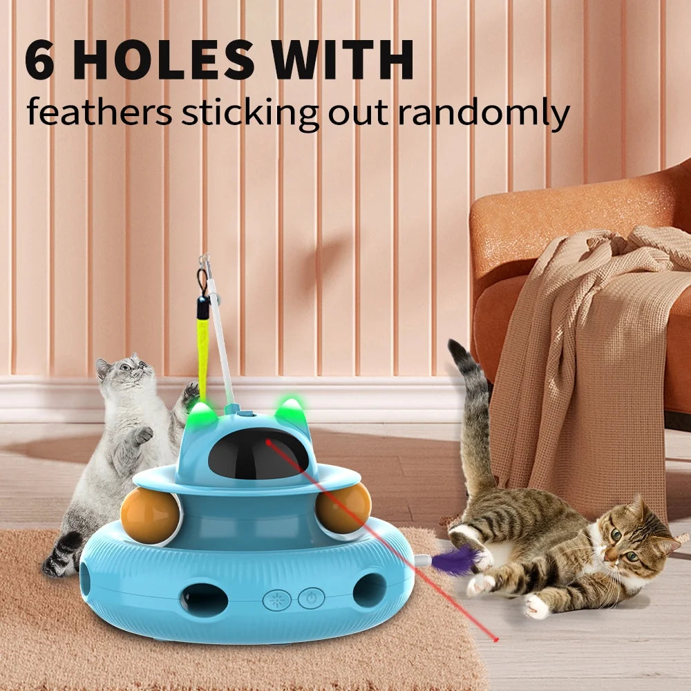 4-in-1 Interactive Indoor Cat Toy with Laser and Retractable Feather Wand, USB Rechargeable, Blue