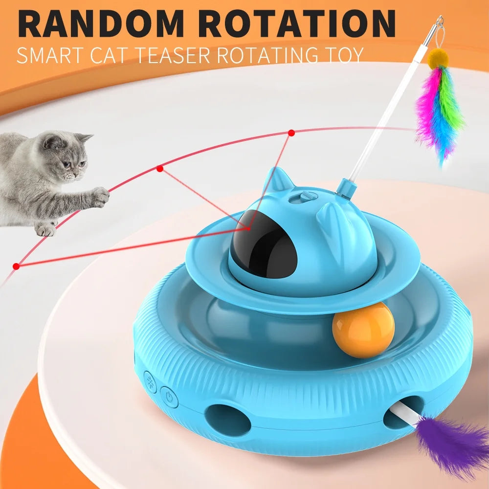 4-in-1 Interactive Indoor Cat Toy with Laser and Retractable Feather Wand, USB Rechargeable, Blue