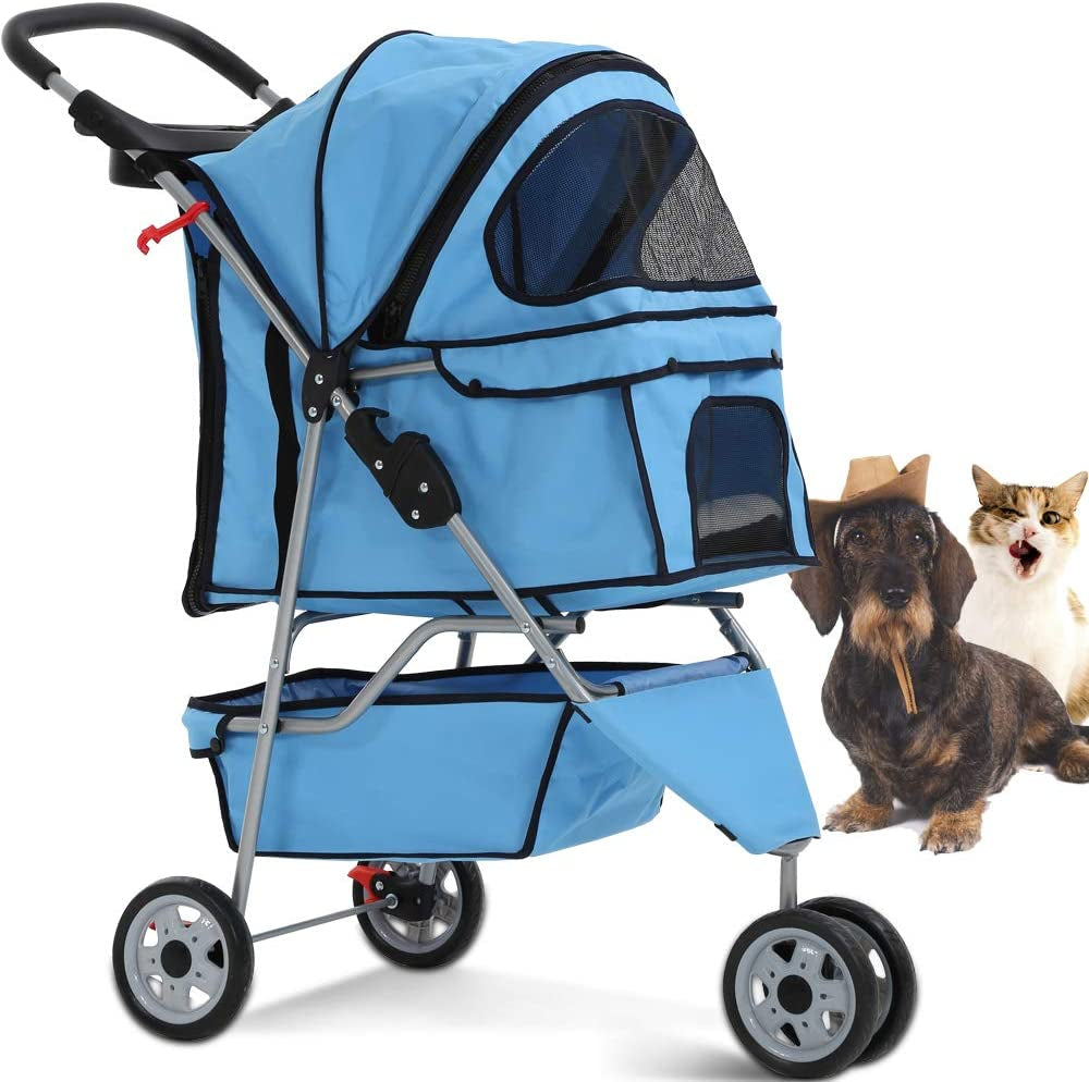 Lightweight 3-Wheel Pet Stroller for Small to Medium Dogs and Cats, Foldable Design with Breathable Mesh, Weather Cover, and Storage Basket for Outdoor Travel (Blue)